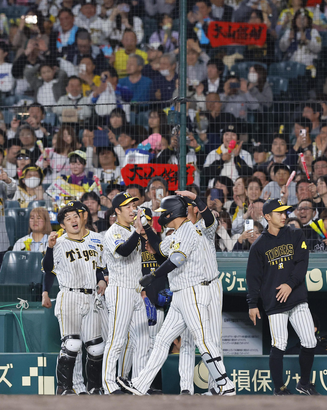阪神対中日　5回裏阪神1死、中越えに本塁打を放った大山を出迎える青柳（左から2人目）（撮影・藤尾明華）
