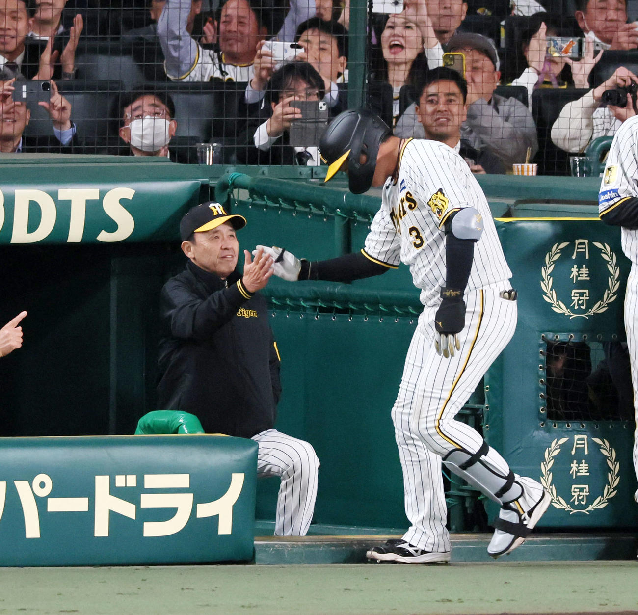 阪神対中日　5回裏阪神1死、大山は中越えソロ本塁打を放ち岡田監督（左）とタッチする（撮影・加藤哉）