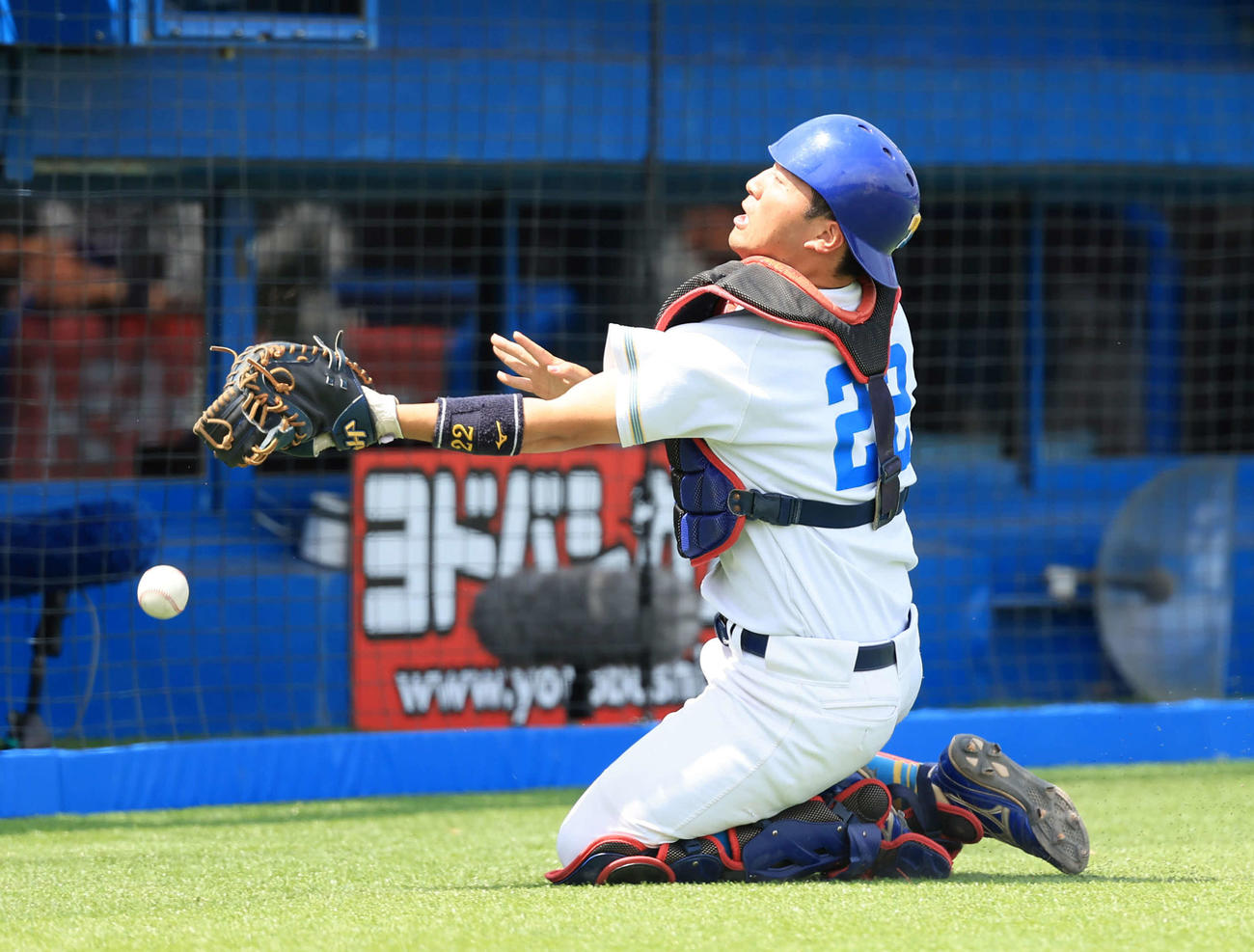 明大対東大　2回表明大2死満塁、加藤の捕邪飛を捕り損なう府川（撮影・浅見桂子）