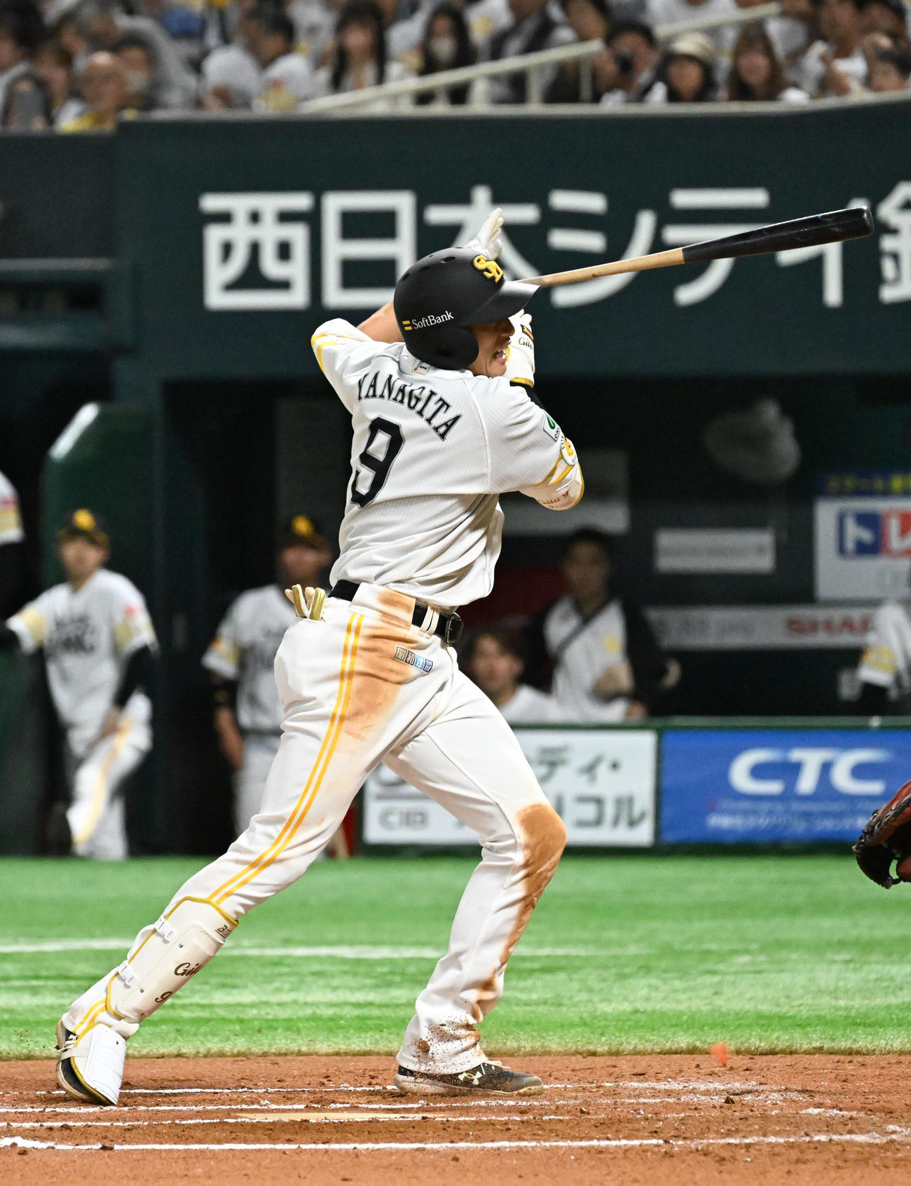 ソフトバンク対オリックス　6回裏ソフトバンク1死満塁　死球を浴びる柳田（撮影・林敢治）