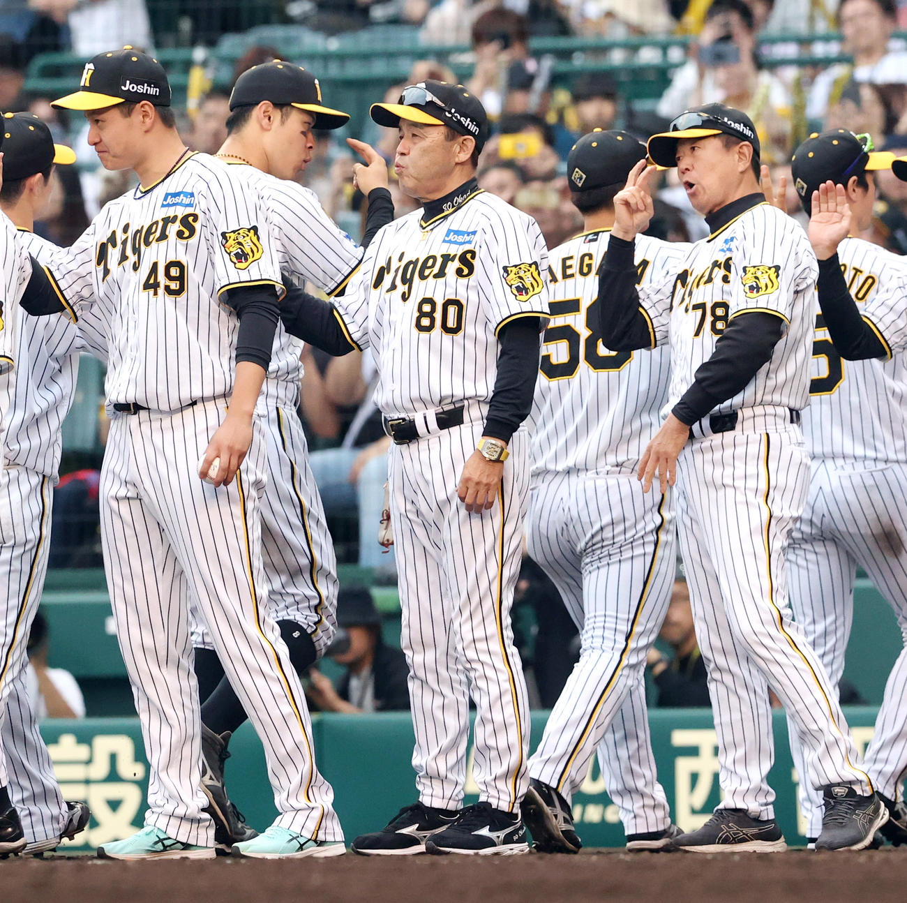 阪神対中日　阪神岡田監督（中央）は中日に大勝しナインを出迎える（撮影・上山淳一）