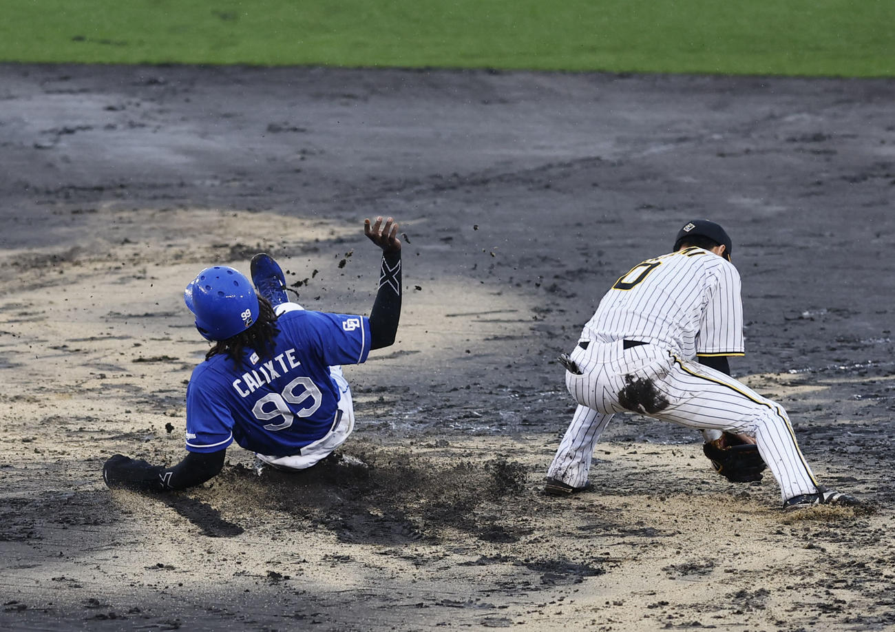 阪神対中日　4回表中日無死一塁、中田の中飛で二塁を狙うもオーバーランしタッチアウトになるカリステ。野手木浪（撮影・藤尾明華）
