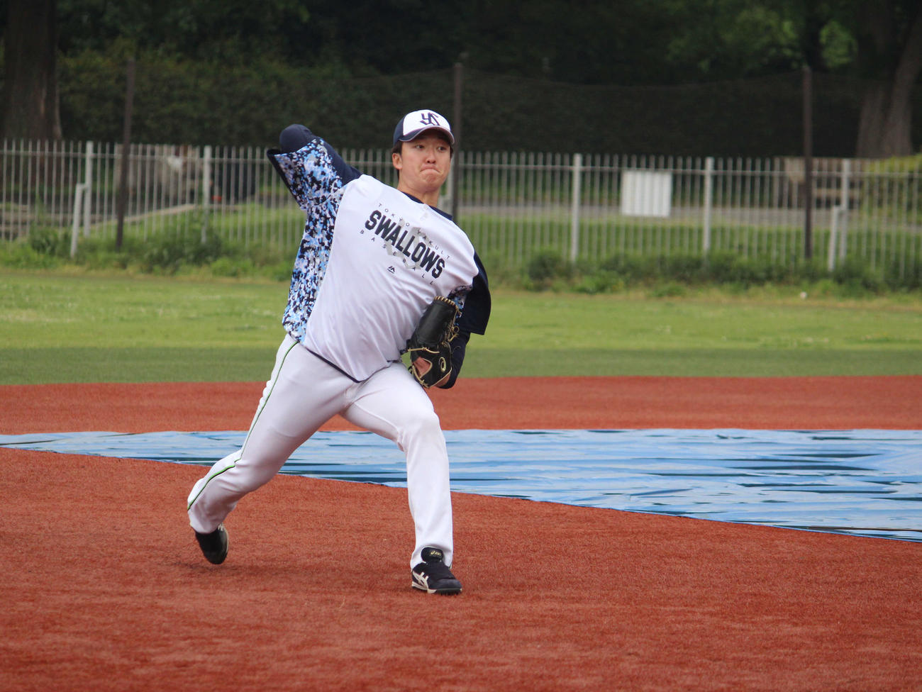 神宮外苑でキャッチボールするヤクルト吉村（撮影・久保賢吾）