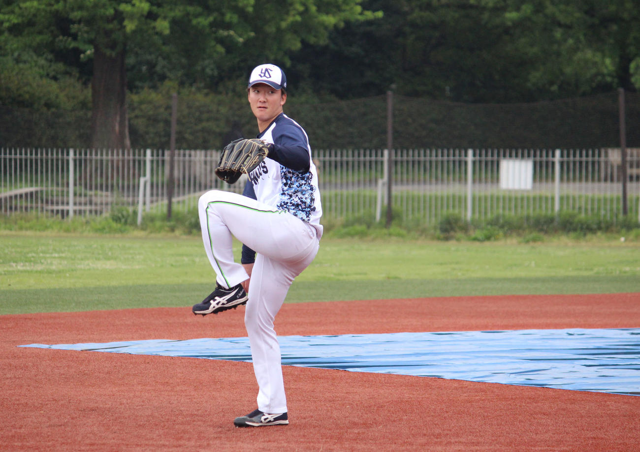 神宮外苑でキャッチボールするヤクルト吉村（撮影・久保賢吾）