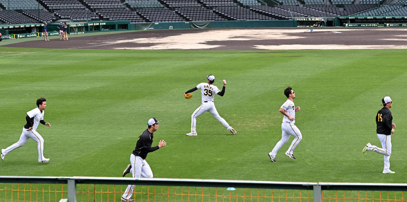 内野に白土が残る中、外野を走る阪神投手陣。中央は完封勝利を挙げた才木（撮影・前岡正明）