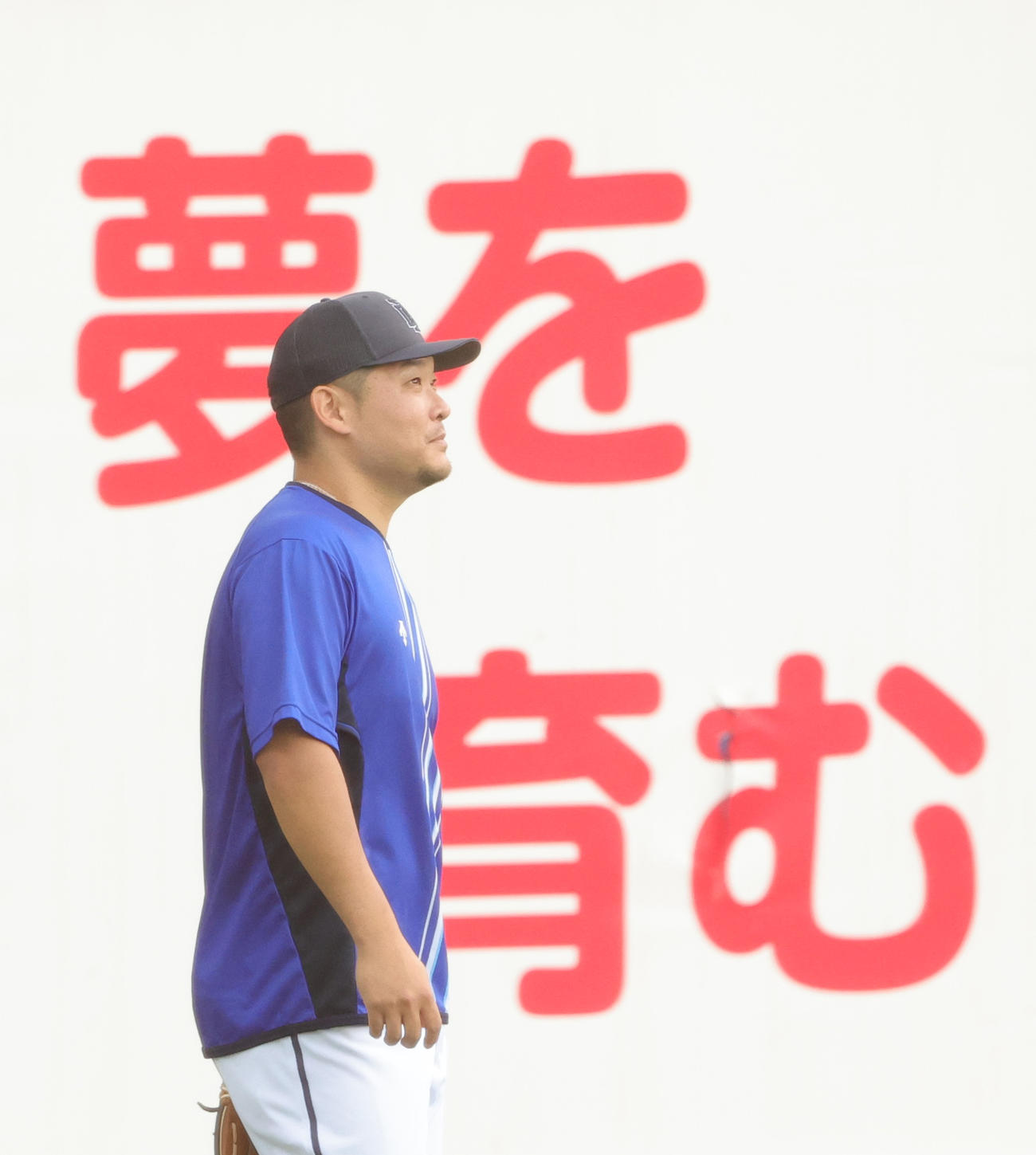 日本ハム対DeNA　試合前に左翼で打撃練習の球を処理するDeNA筒香（撮影・野上伸悟）