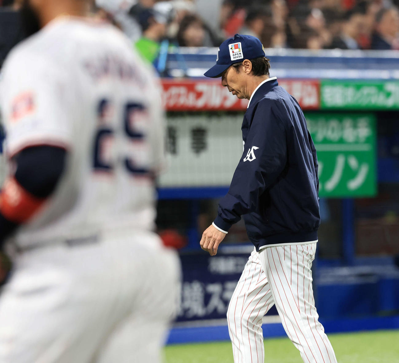 ヤクルト対広島　選手交代を告げ、うつむいてベンチに下がるヤクルト高津監督（撮影・浅見桂子）