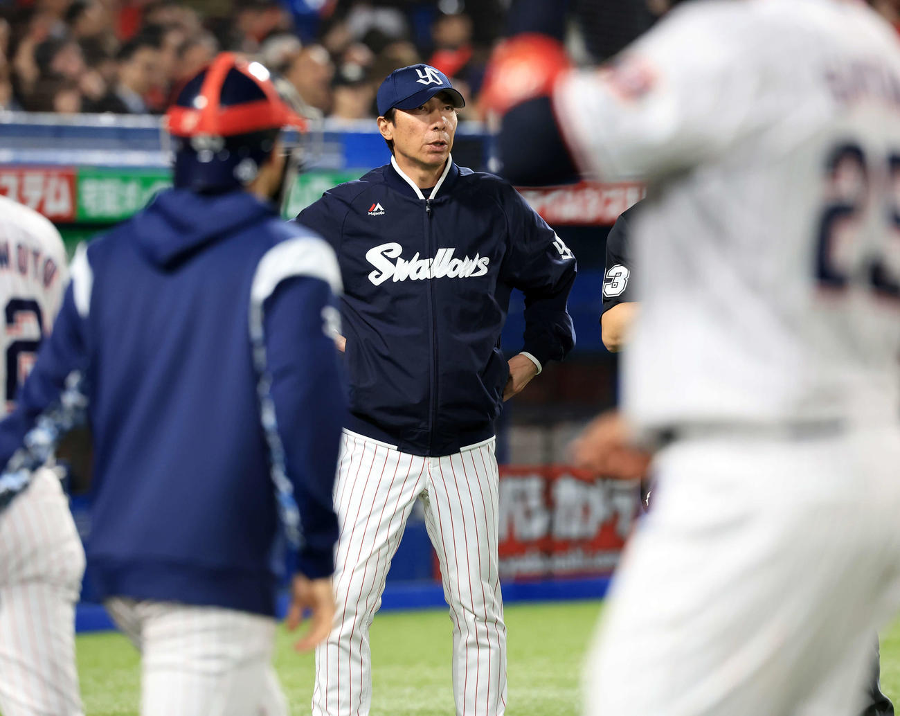 ヤクルト対広島　選手交代を告げ、ぼう然とグラウンドを見つめるヤクルト高津監督（中央）（撮影・浅見桂子）