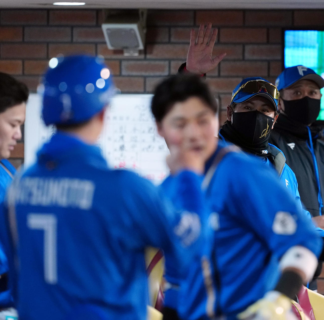 楽天対日本ハム　6回表日本ハム無死満塁、勝ち越しの犠飛を放った清宮を迎える新庄監督（撮影・たえ見朱実）