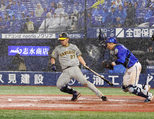 阪神】雨天により36分中断も再開 6回表の攻撃は梅野四球で出塁も後