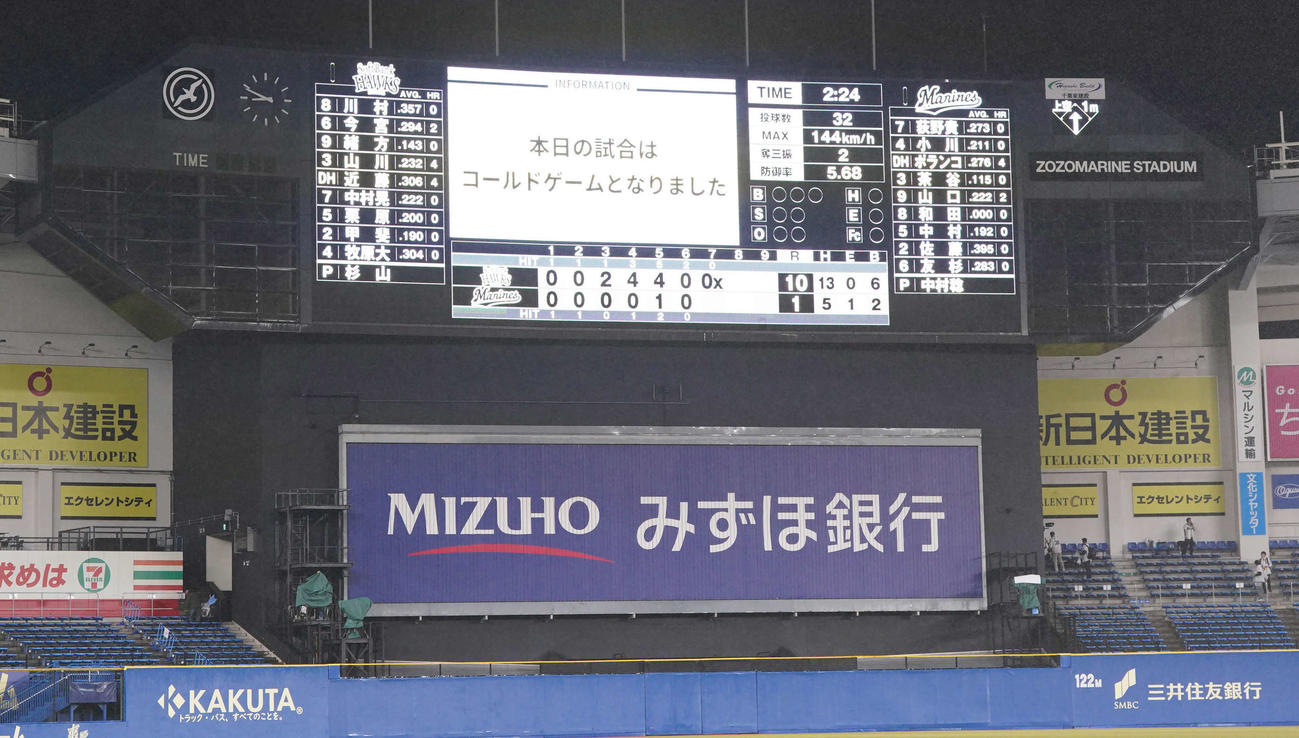 ロッテ対ソフトバンク　降雨コールドを告げる電光掲示板（撮影・小沢裕）