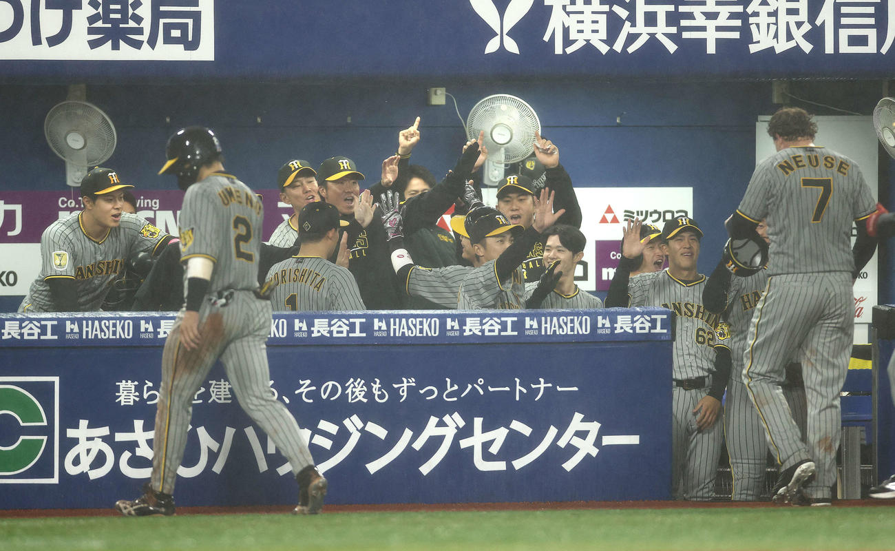 DeNA対阪神　9回表に逆転し、ノイジー（右）を迎えるチームメート（撮影・河田真司）