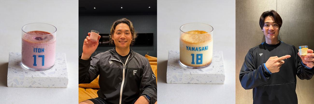 5月10日からエスコンフィールドで（左から）伊藤大海、山崎福也が開発に携わったチーズケーキが販売される（球団提供）