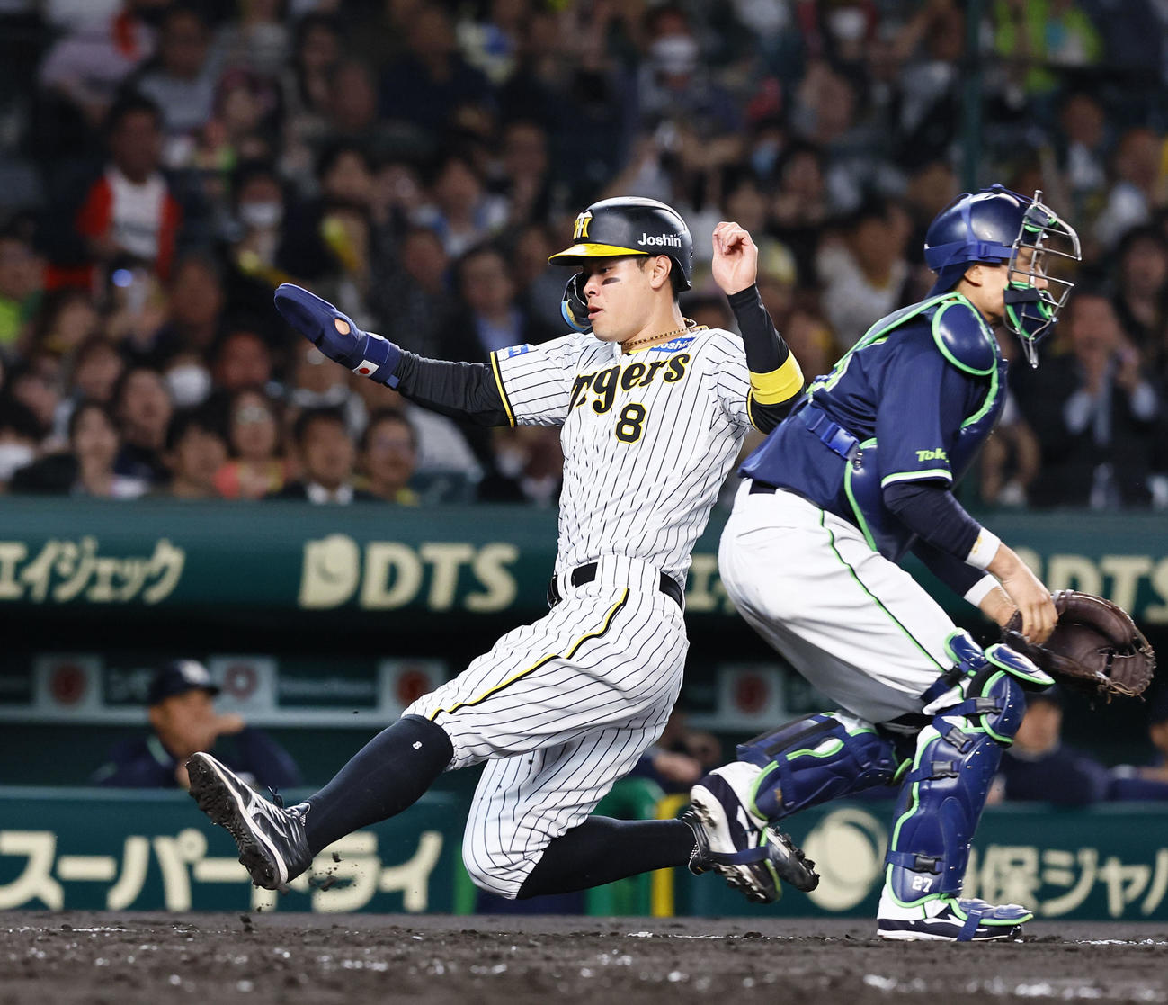 阪神対ヤクルト　5回裏阪神2死一、二塁、代打糸原の中前適時打で生還する佐藤輝。捕手中村（撮影・藤尾明華）
