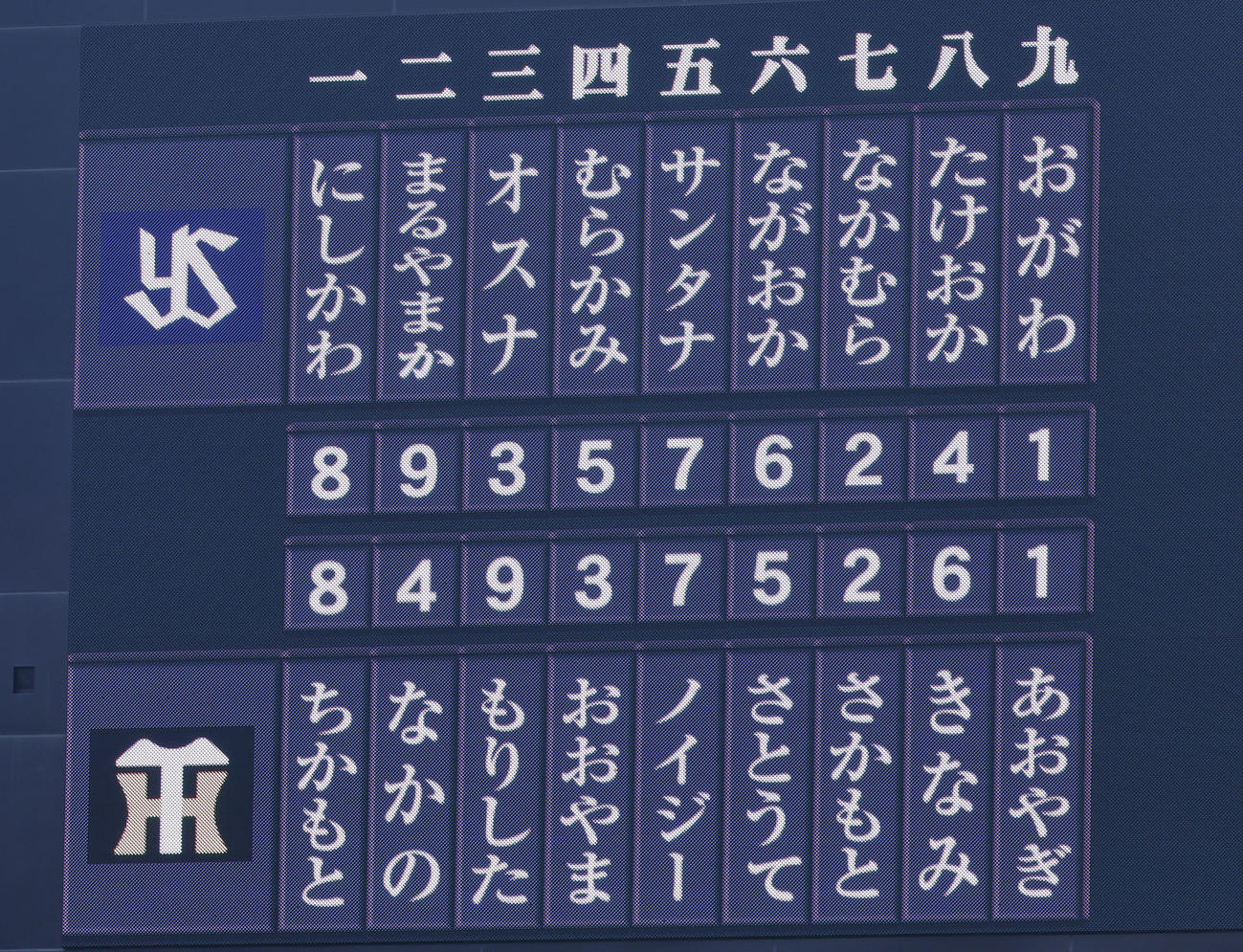 阪神対ヤクルト　ひらがなで表示されたスコアボード（撮影・藤尾明華）