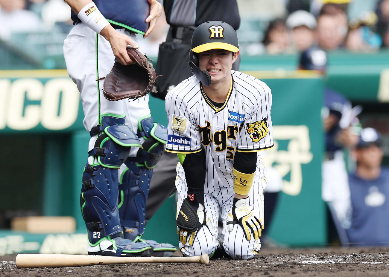 阪神対ヤクルト　3回裏阪神無死一塁、背中に死球を受け痛がる中野（撮影・前田充）