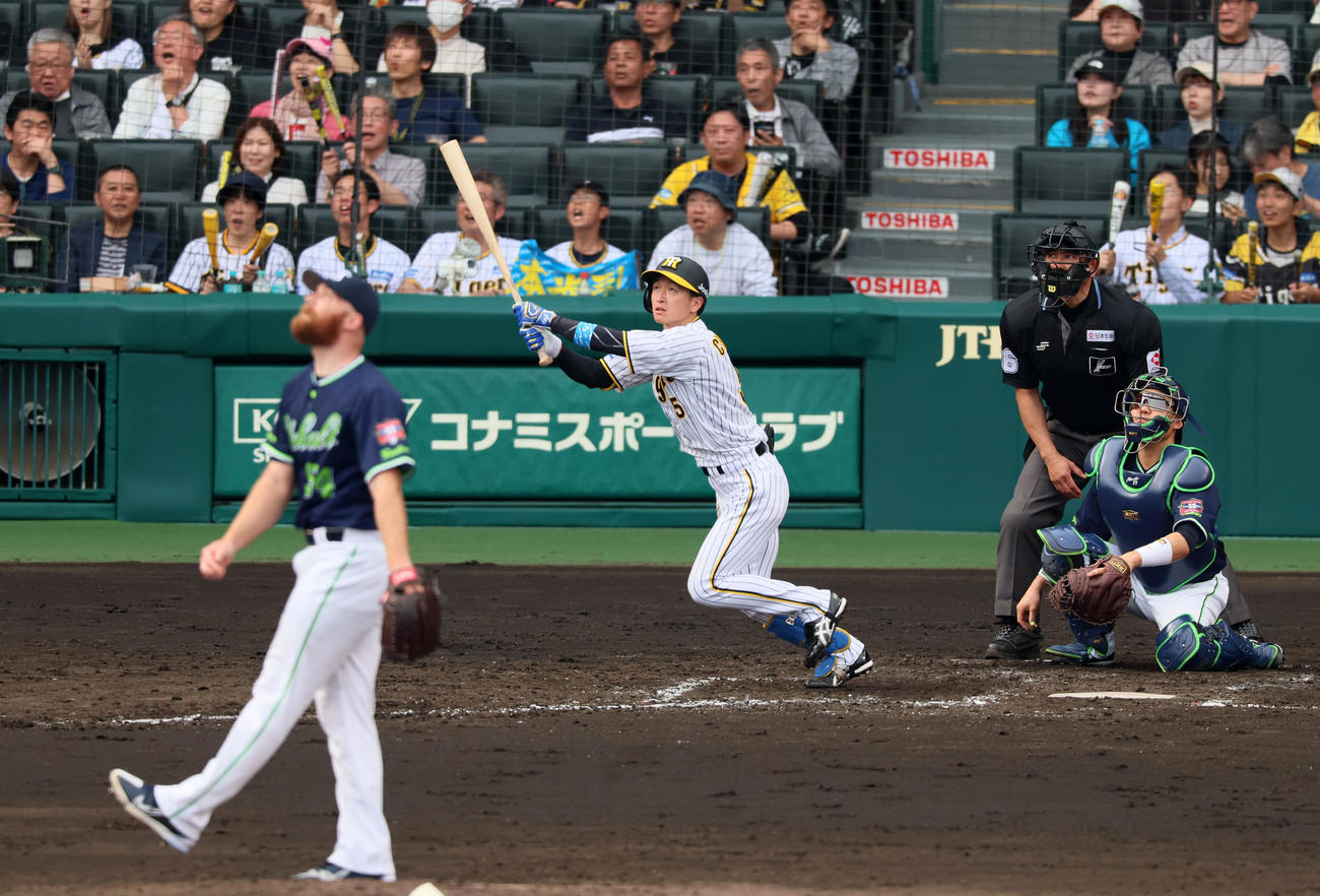 阪神対ヤクルト　5回裏阪神1死二塁、近本は右越え2点本塁打を放つ。投手はサイスニード（撮影・加藤哉）