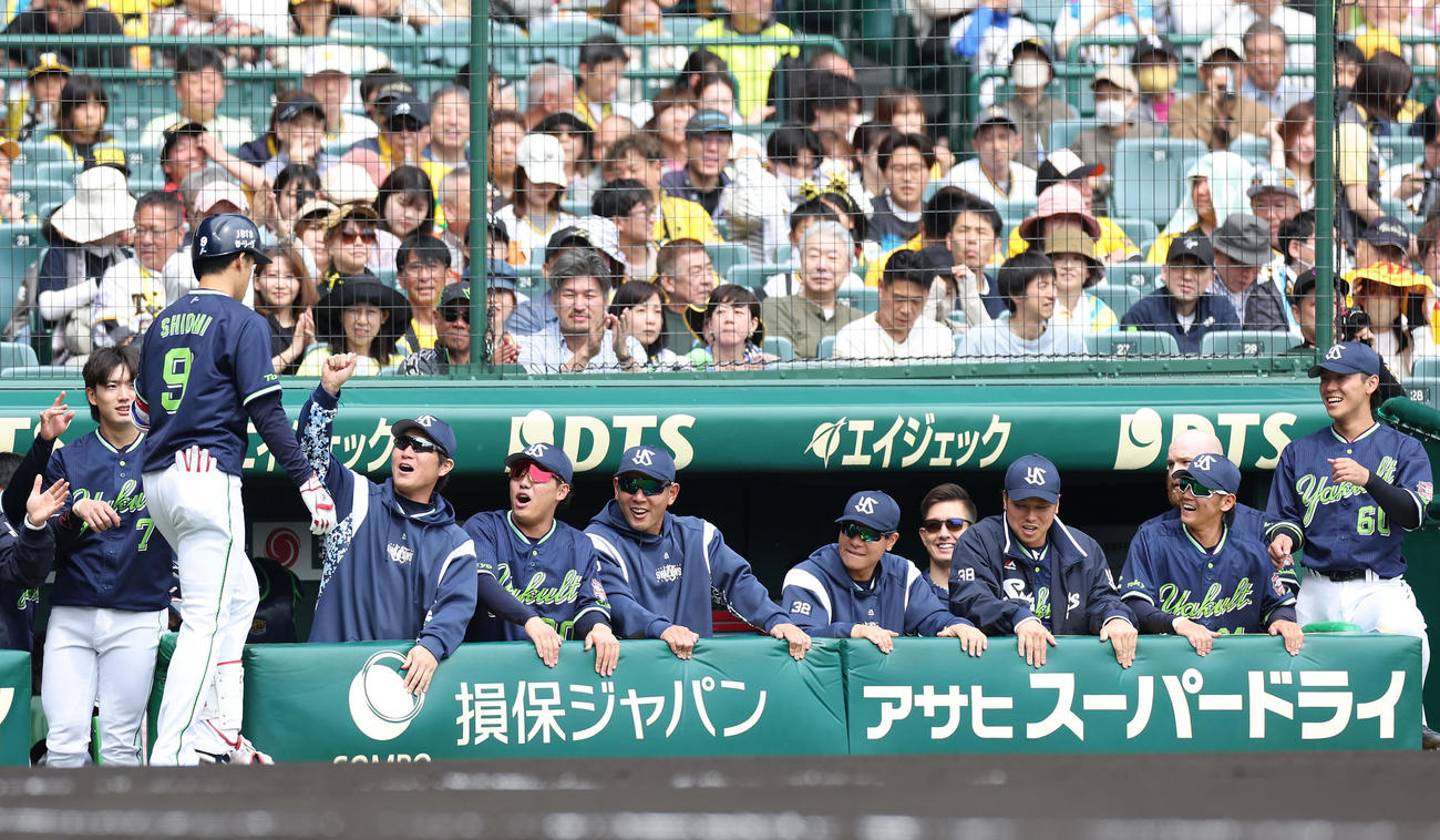 阪神対ヤクルト　1回表ヤクルト無死、先頭打者本塁打を放った塩見（左から2人目）を迎えるヤクルトナイン（撮影・前田充）
