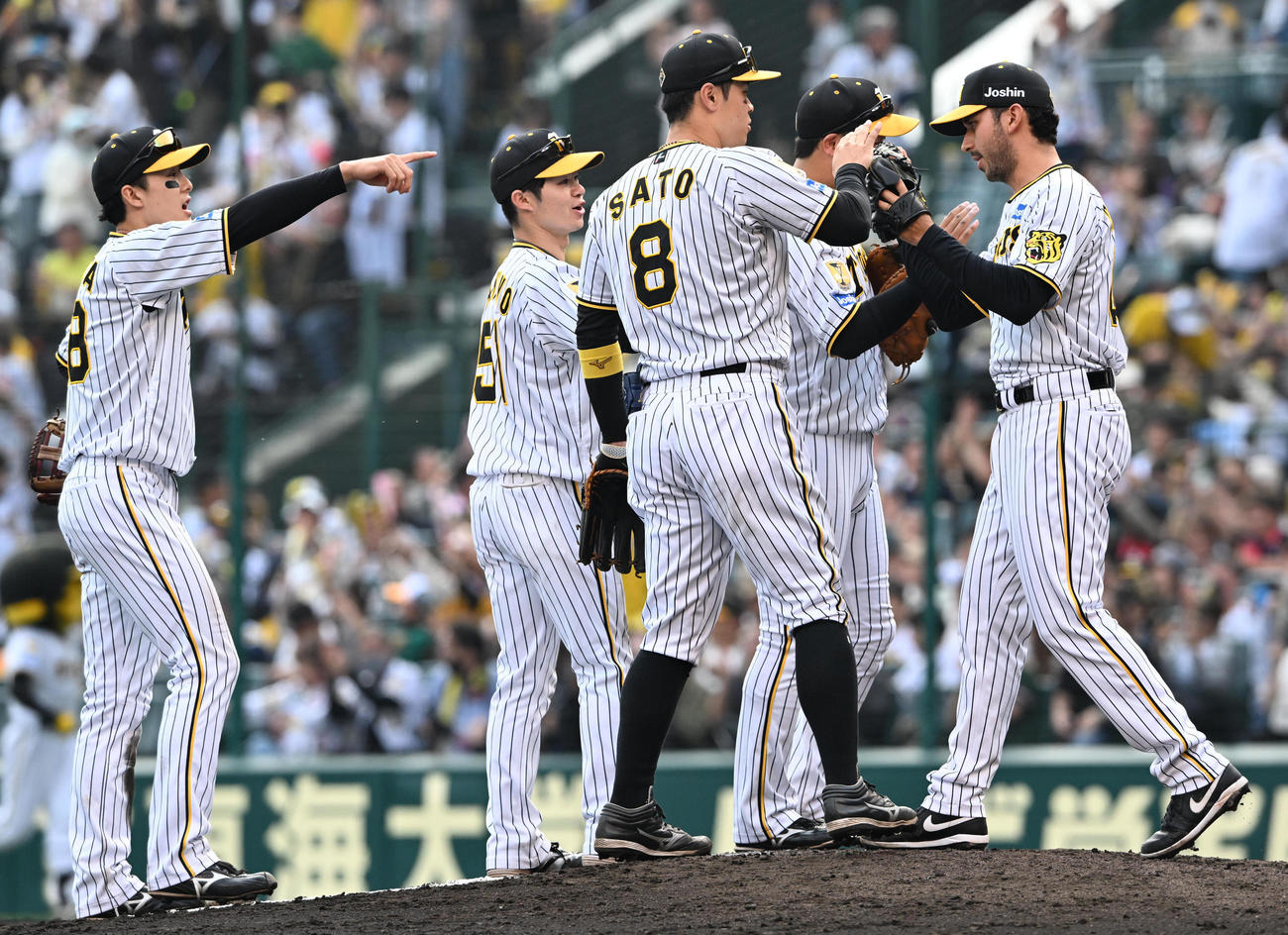 阪神対ヤクルト　勝利を祝う、左から小幡、中野、佐藤輝、ゲラら阪神ナイン（撮影・前岡正明）