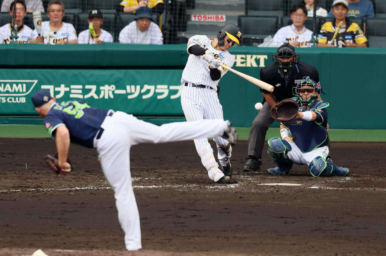 阪神対ヤクルト　5回裏阪神無死、小幡は中前打を放つ。投手はサイスニード（撮影・加藤哉）