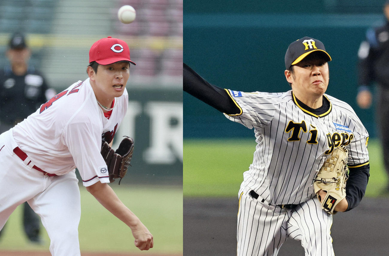 広島大瀬良大地（左）と阪神西勇輝