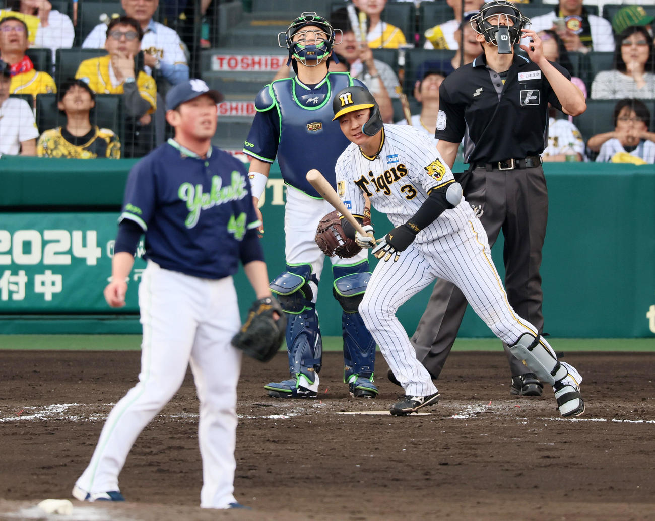 阪神対ヤクルト　7回裏阪神2死一、二塁、大山は左適時打を放つ。投手は大西（撮影・加藤哉）