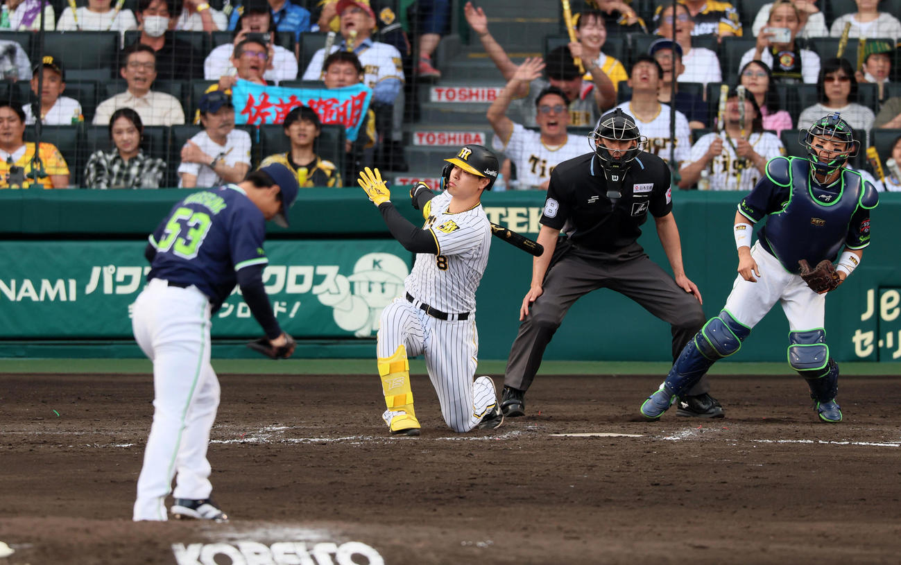 阪神対ヤクルト　8回裏阪神2死二塁、代打佐藤輝は空振り三振に倒れる。投手は長谷川（撮影・加藤哉）