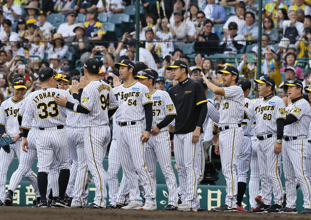 阪神対ヤクルト　ヤクルトに勝利し、木浪（左端）と原口に祝福される阪神糸原（左から2人目）。右からゲラ、加治屋（撮影・藤尾明華）