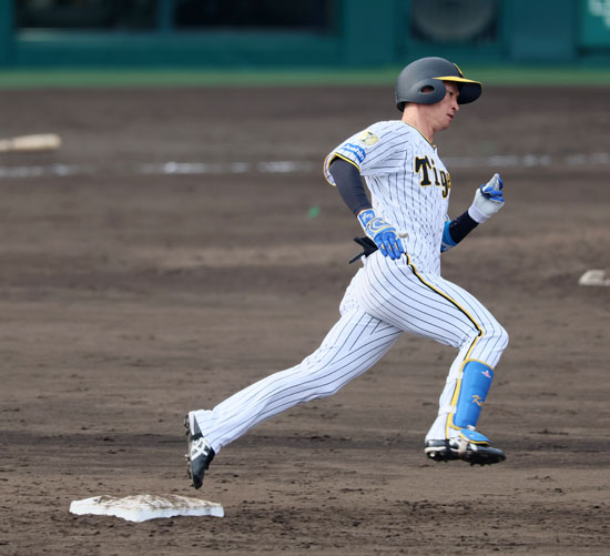 阪神対ヤクルト　5回裏阪神無死、近本は左三塁打を放つ。投手は小沢（撮影・加藤哉）
