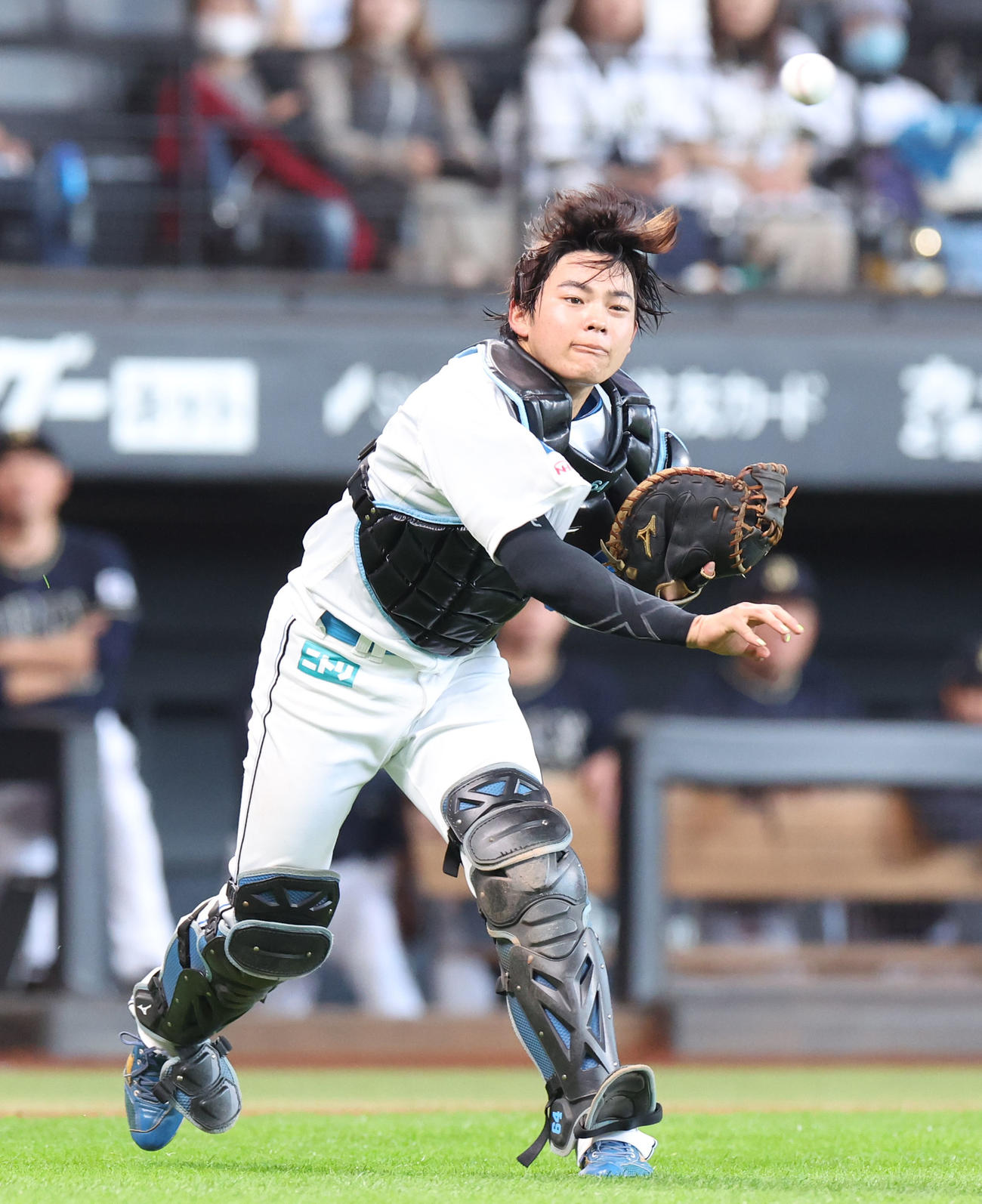 日本ハム対オリックス　5回表オリックス無死一塁、渡部の打球を捕球し一塁に送球する田宮（撮影・佐藤翔太）