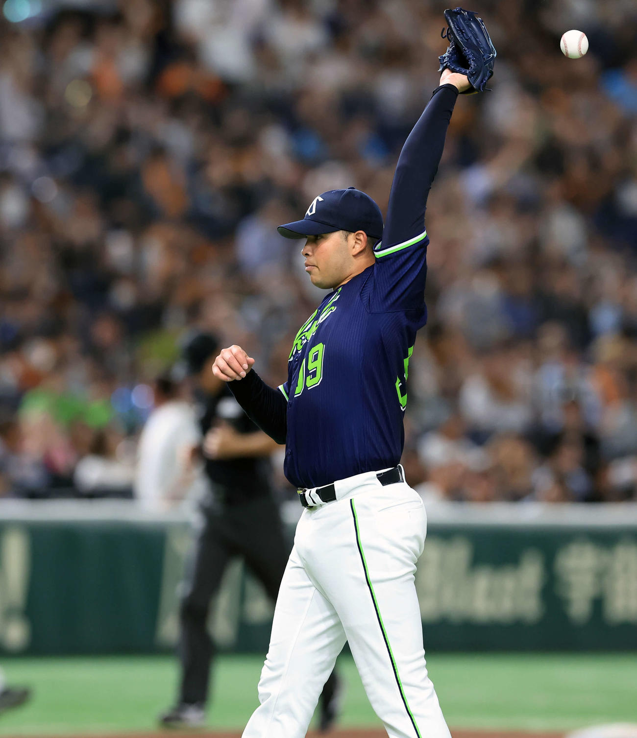 巨人対ヤクルト　完封勝利で4勝目を飾ったヤクルトのヤフーレは投げられたウイニングボールを捕り損なう（撮影・浅見桂子）