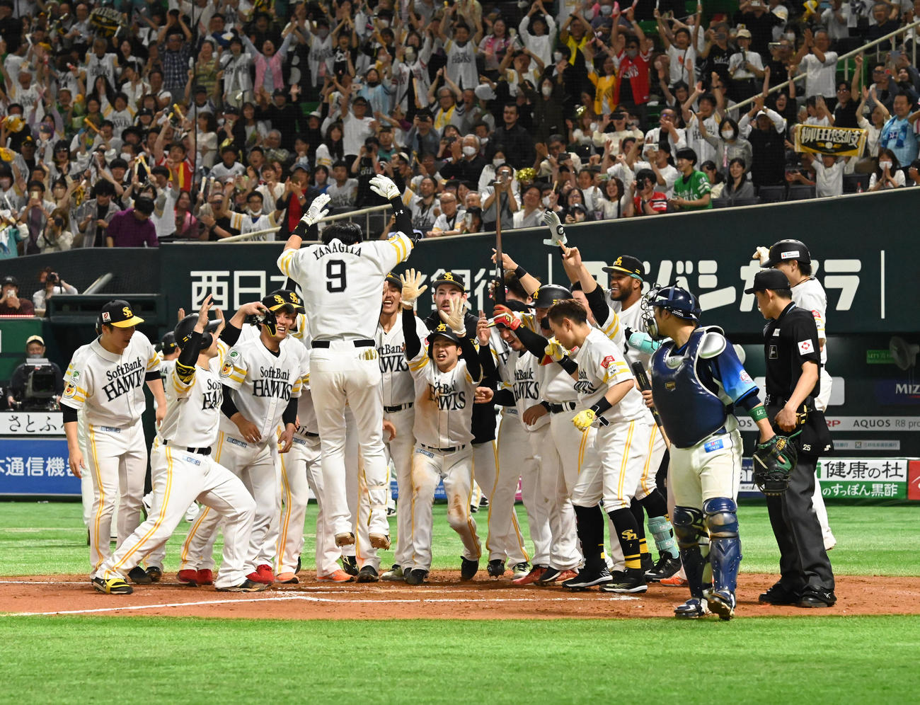 ソフトバンク対西武　9回裏ソフトバンク2死一二塁、柳田は逆転サヨナラ本塁打を放ちナインに迎えられる。（撮影・林敢治）