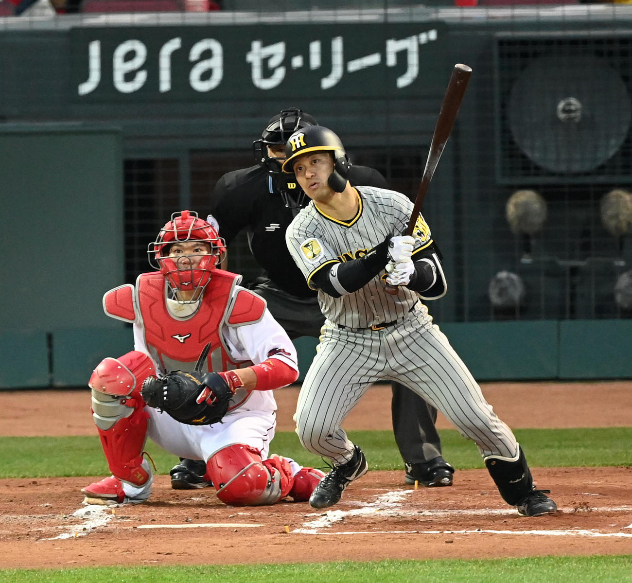 広島対阪神　2回表阪神2死二塁、坂本は中前同点適時打を放つ（撮影・前岡正明）