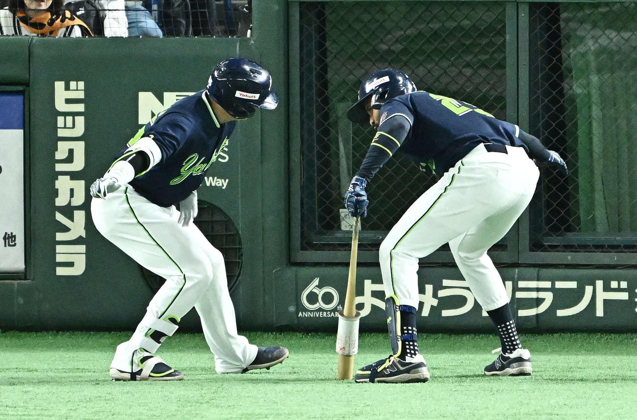 巨人対ヤクルト　3回表ヤクルト2死、ソロ本塁打を放った村上（左）は生還しサンタナとタッチをかわす（撮影・滝沢徹郎）
