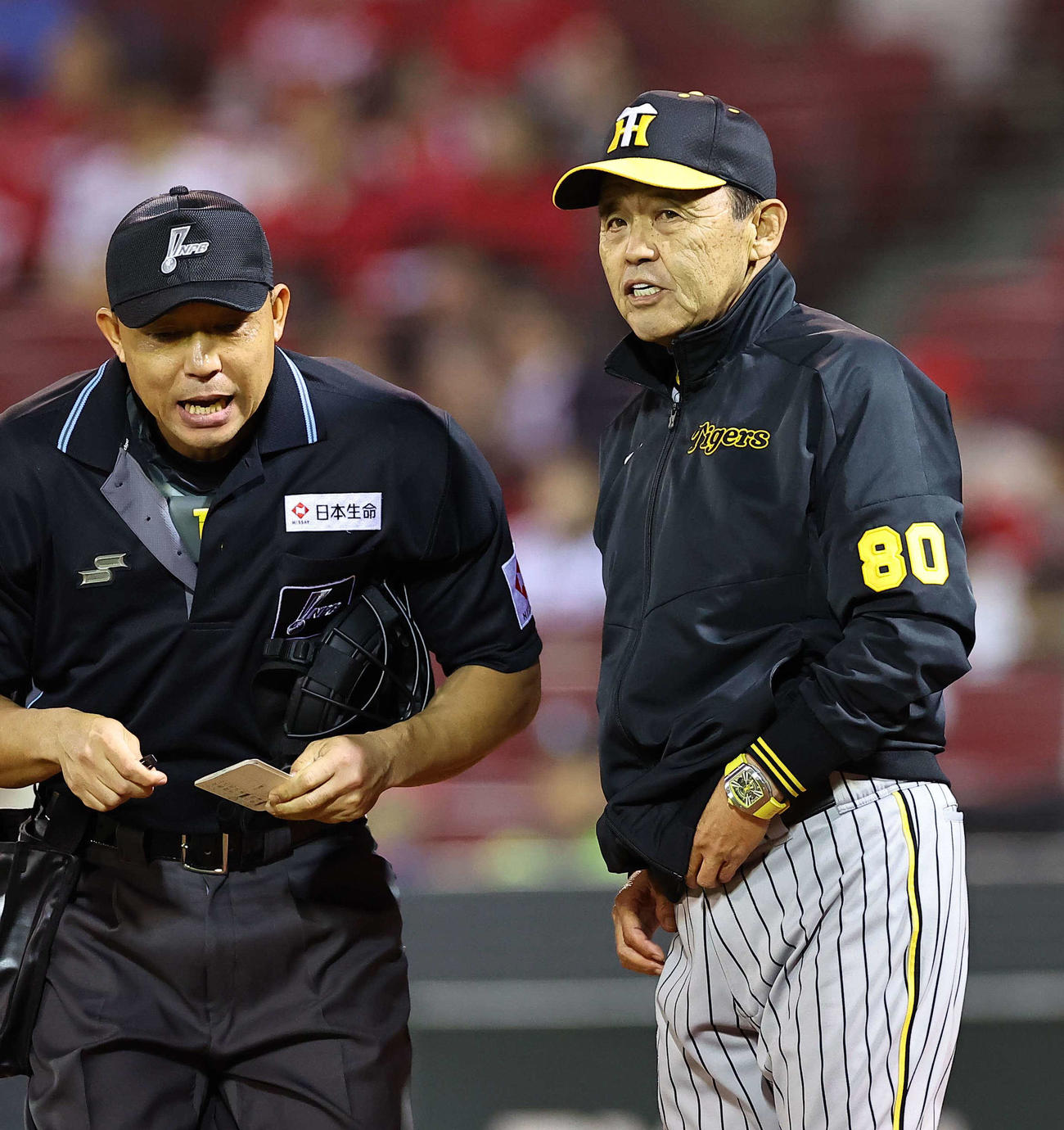 広島対阪神　選手交代を告げる岡田監督（撮影・上田博志）