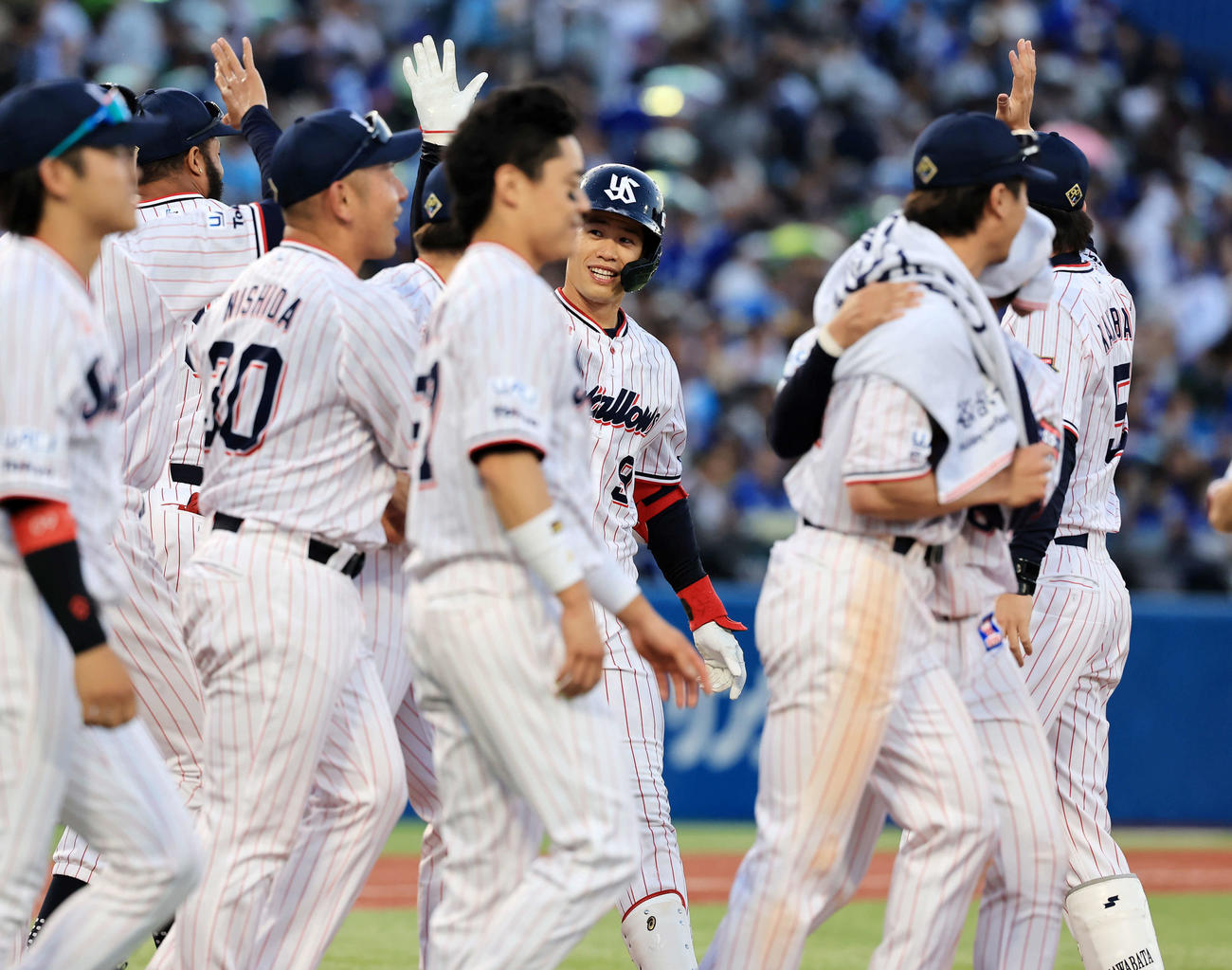 ヤクルト対中日　11回裏ヤクルト無死一塁、塩見（中央）は中越えサヨナラ2点本塁打を放ち、笑顔でナインとハイタッチ（撮影・浅見桂子）
