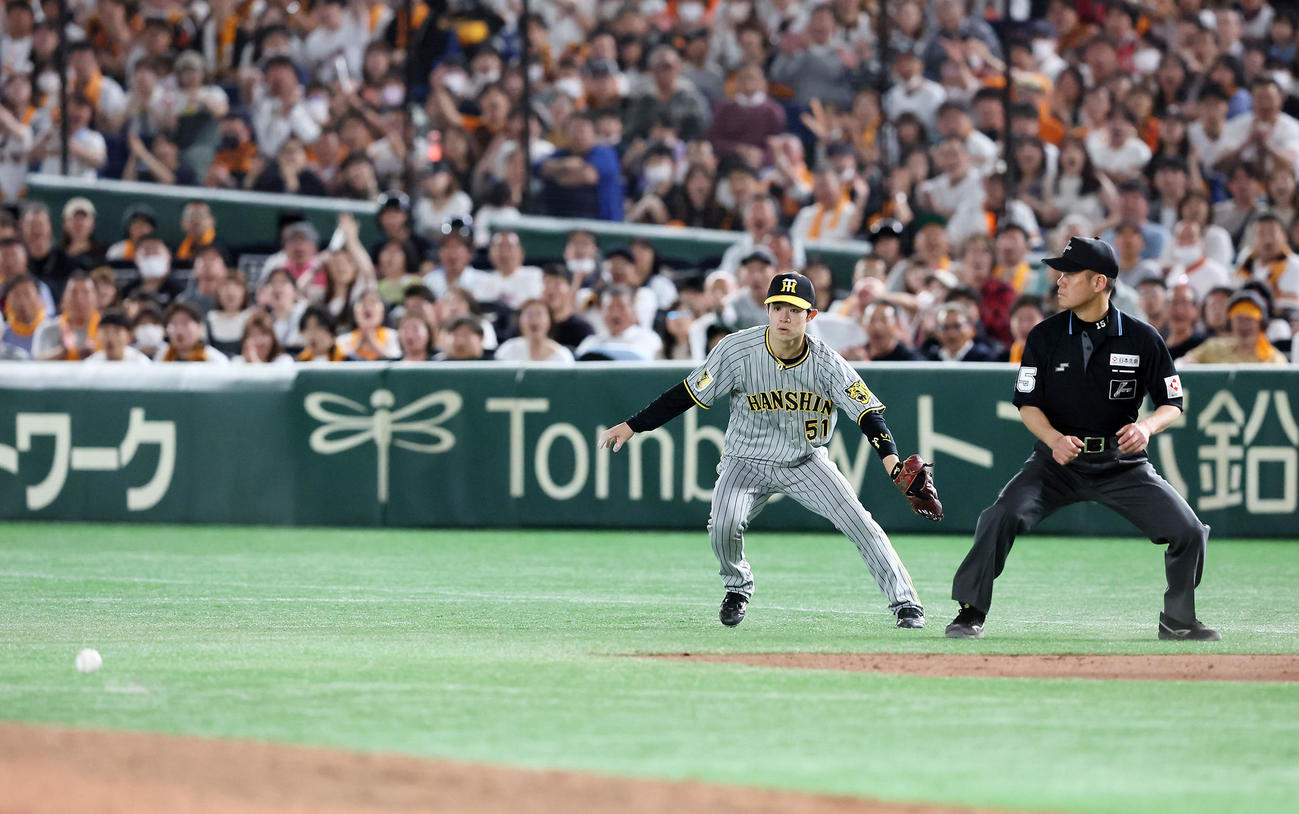 巨人対阪神　8回裏巨人1死一塁、坂本が佐々木のバントを一塁へ悪送球しボールを見つめる中野（撮影・加藤哉）