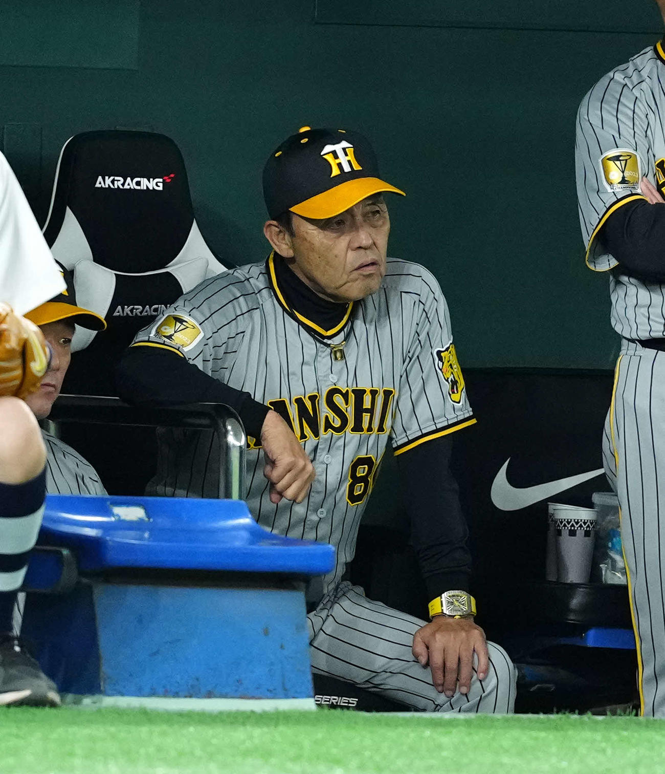巨人対阪神　8回裏、捕手の坂本のプレーに厳しい表情を見せる阪神岡田監督（撮影・たえ見朱実）