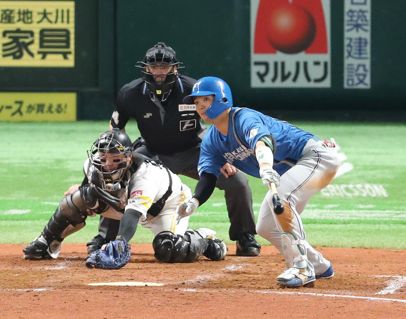 ソフトバンク対日本ハム　4回表日本ハム1死満塁、郡司は中犠飛を放つ（撮影・梅根麻紀）