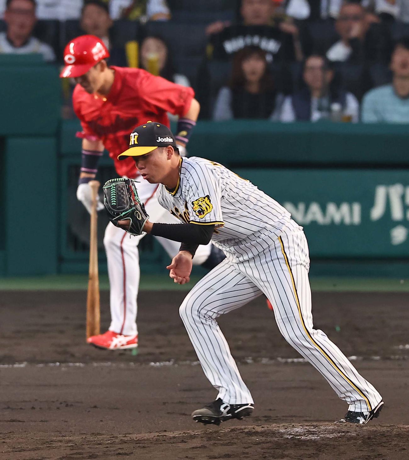 阪神対広島　3回表広島2死、村上は野間の投ゴロをさばく（撮影・上田博志）