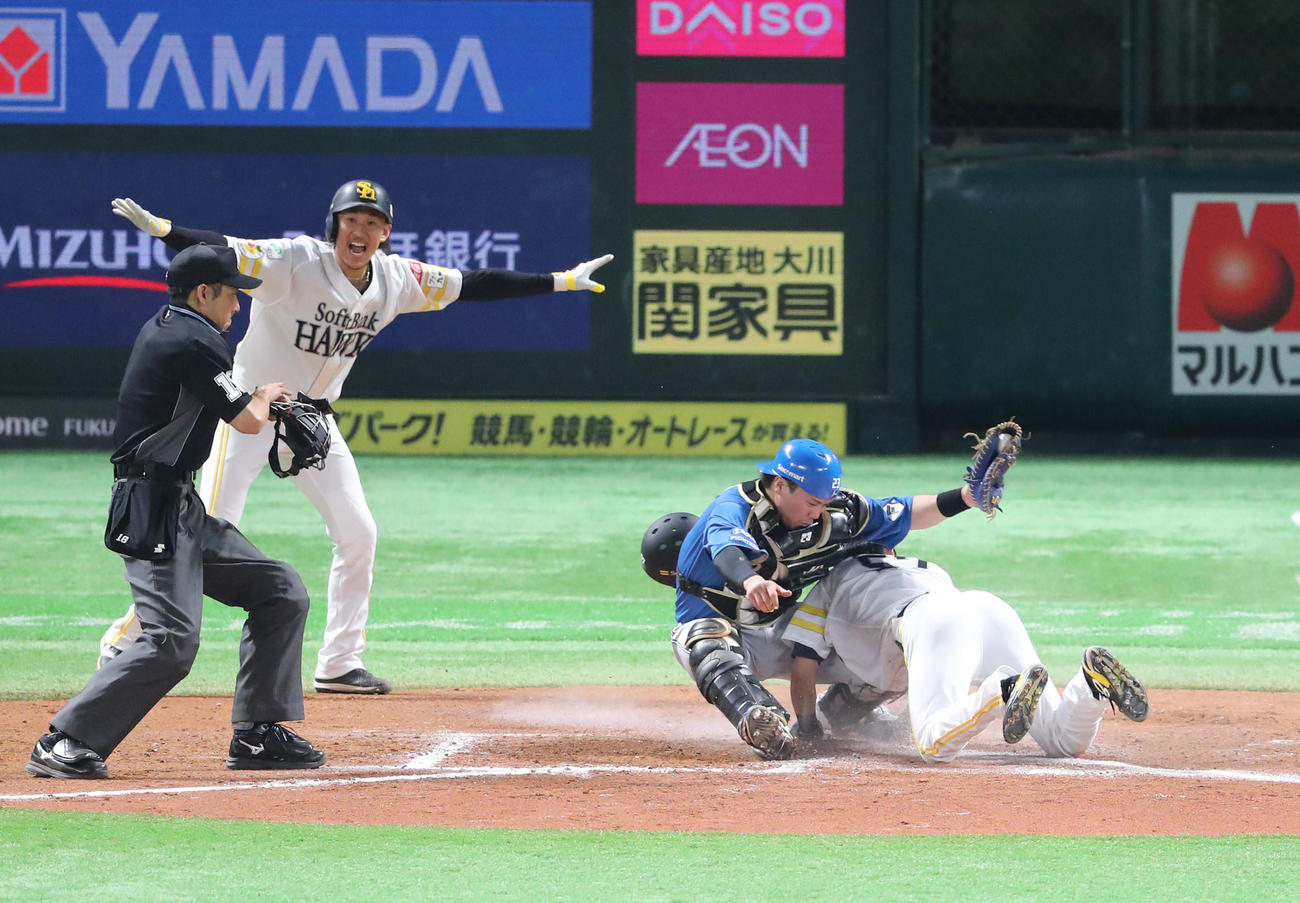 ソフトバンク対日本ハム　延長12回裏ソフトバンク無死満塁、周東の左犠飛でサヨナラの生還をした三塁走者の緒方、捕手は伏見（撮影・梅根麻紀）