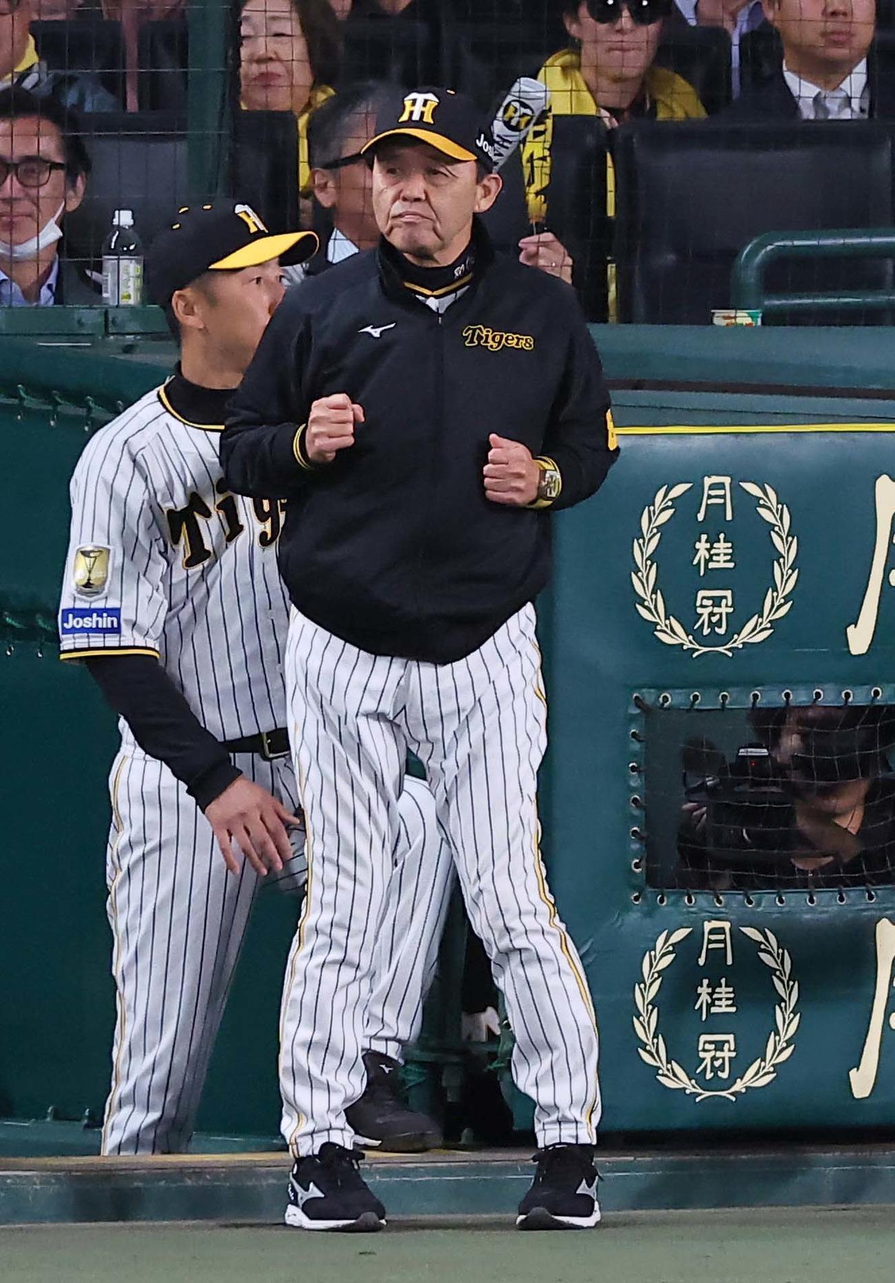 阪神対広島　選手交代を告げる岡田監督（撮影・上田博志）