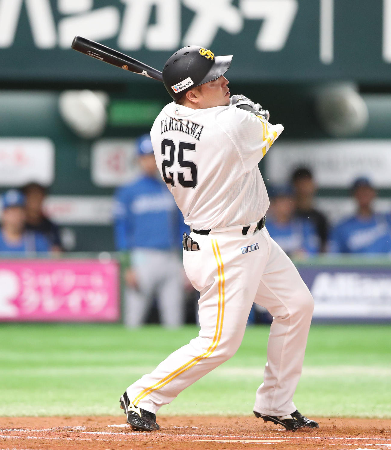 ソフトバンク対日本ハム　1回裏ソフトバンク2死三塁、山川は右前に同点適時打を放つ（撮影・梅根麻紀）