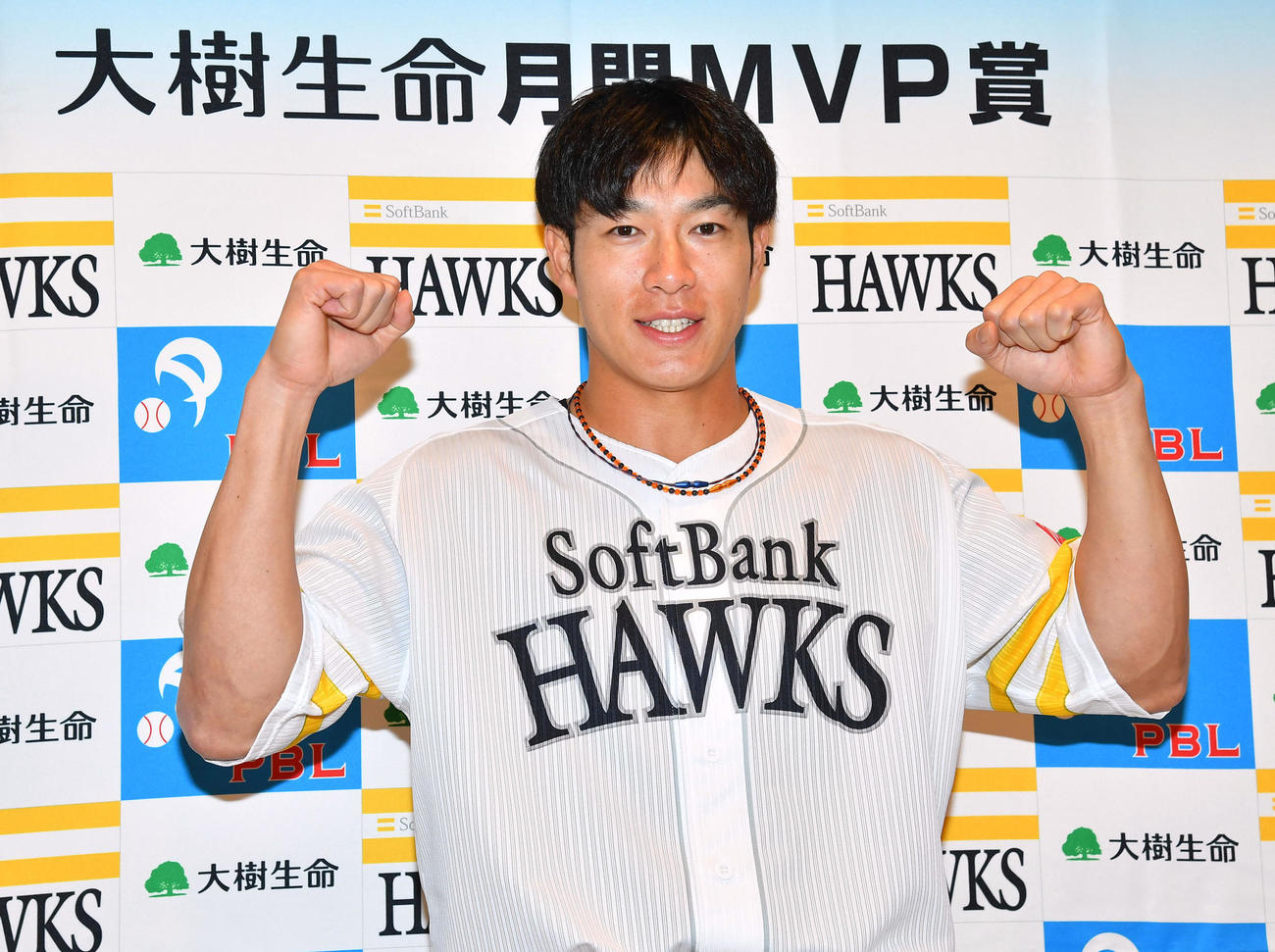 3、4月度「大樹生命月間MVP賞」を受賞したソフトバンク柳田（撮影・岩下翔太）