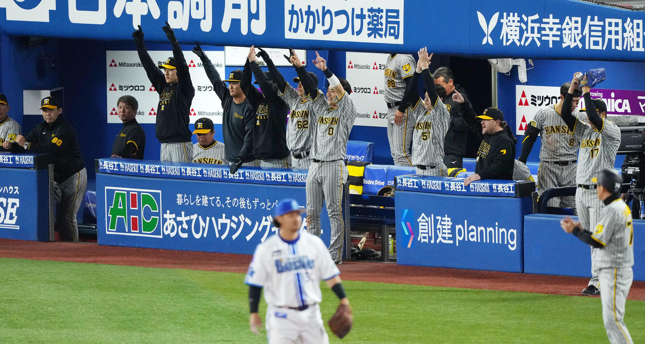 DeNA対阪神　6回表阪神1死一、三塁、大山が左前適時打を放ち歓喜する阪神ナイン（撮影・横山健太）