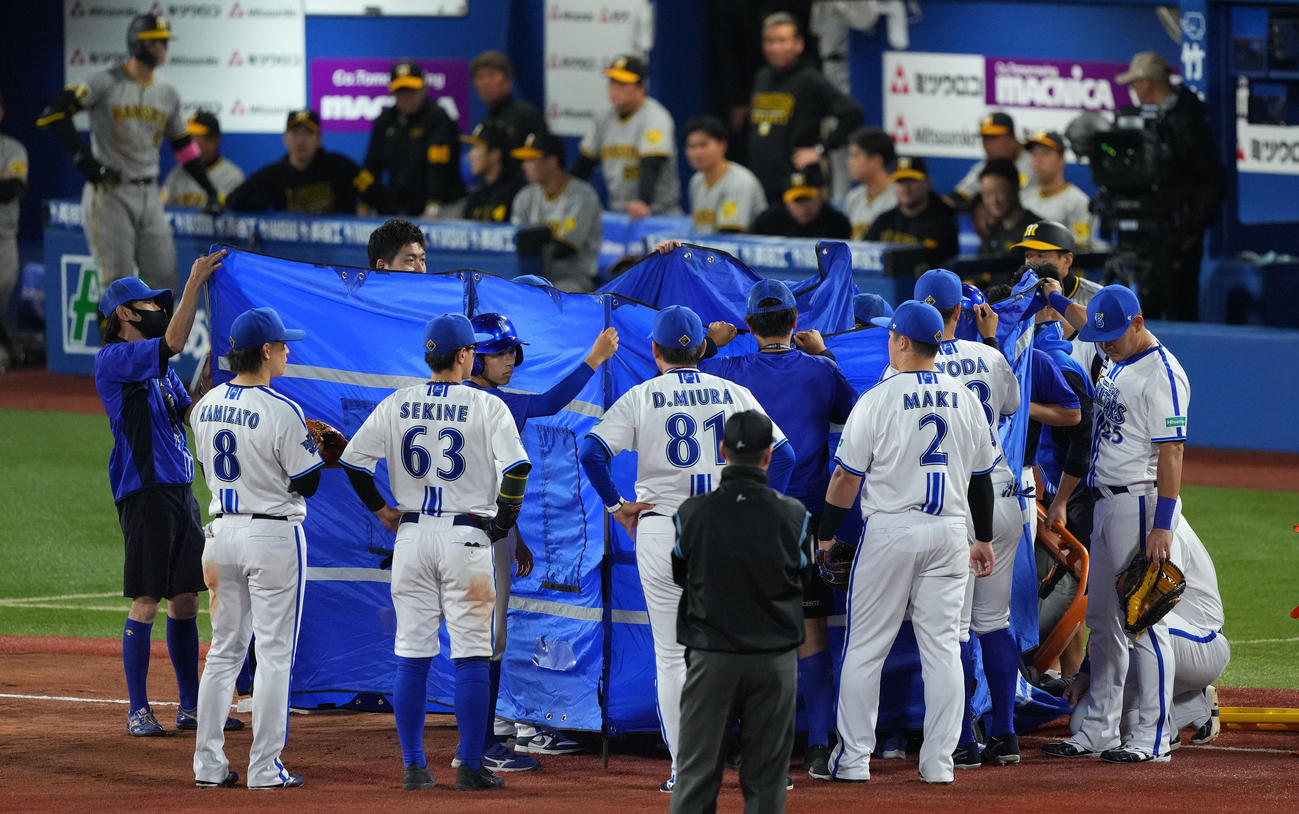DeNA対阪神　6回表途中、シートに囲まれながら治療をするDeNA宮崎（撮影・横山健太）