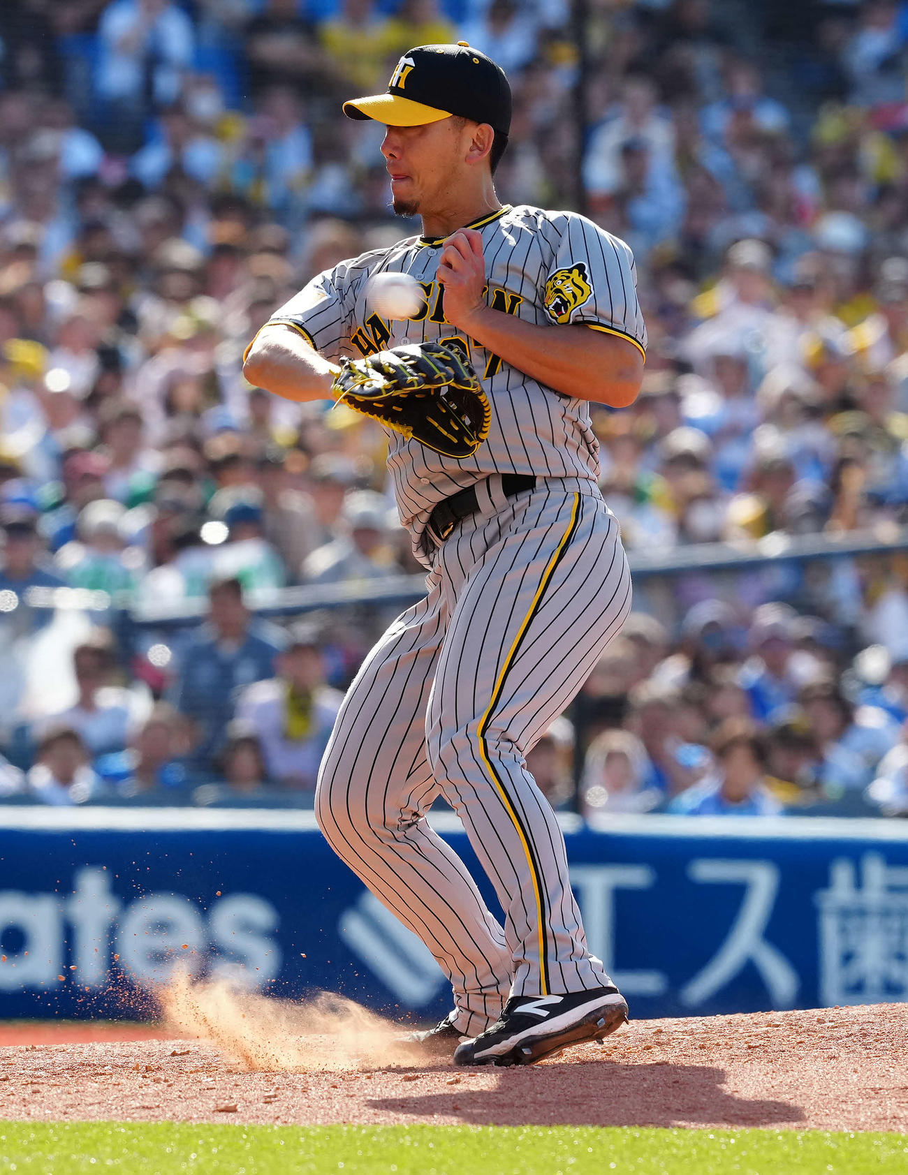 DeNA対阪神　5回裏DeNA2死一、二塁、佐野の打球にグラブを出す伊藤将（撮影・たえ見朱実）