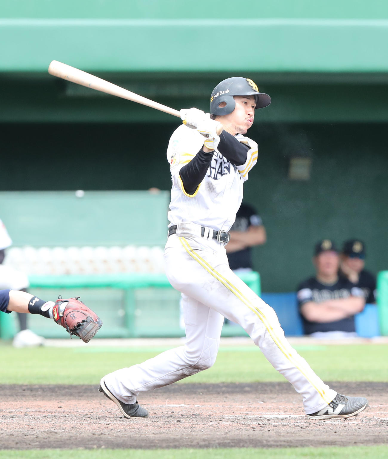 ソフトバンク対オリックス　5回裏ソフトバンク1死一、三塁、三森は右前に同点適時打を放つ（撮影・梅根麻紀）