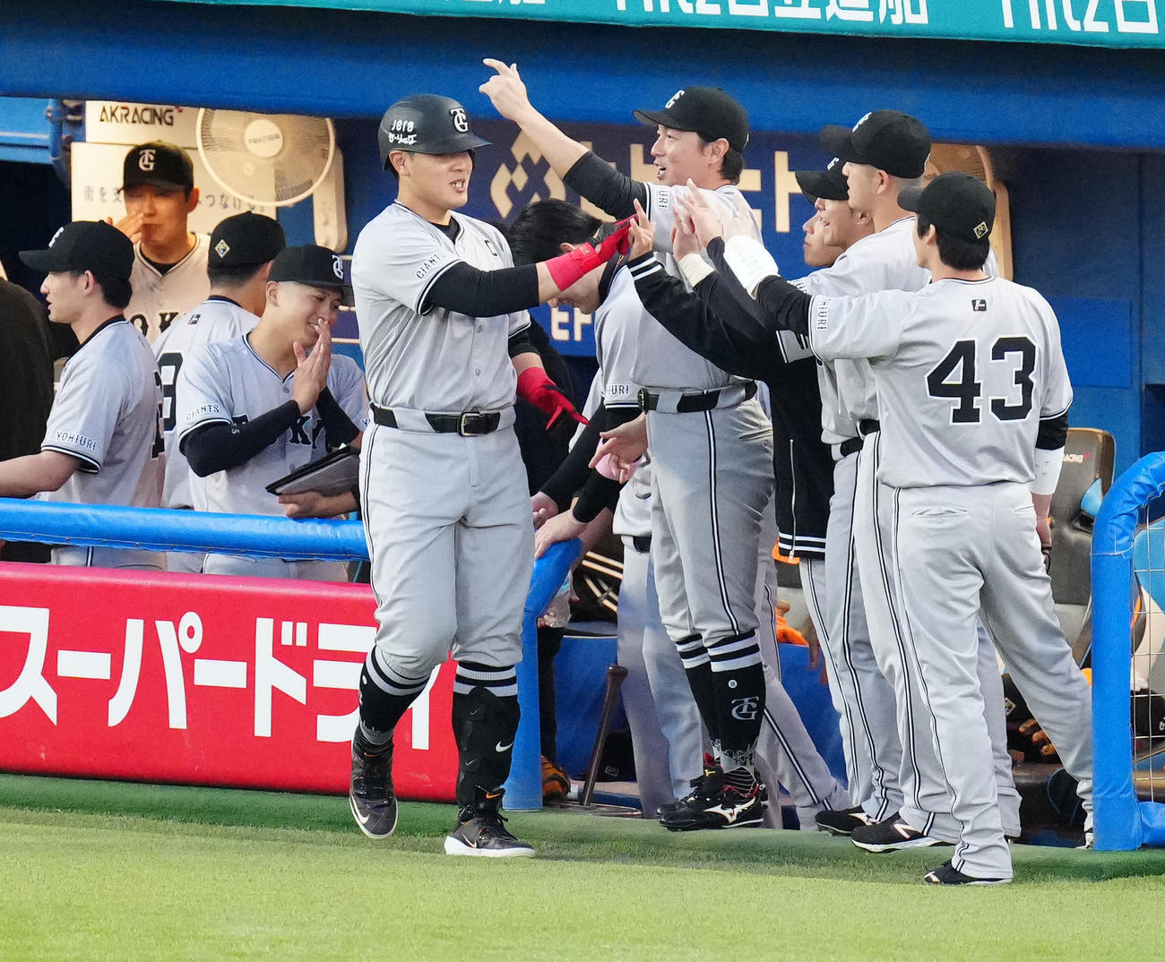 ヤクルト対巨人　2回表巨人無死、ソロ本塁打を放ちタッチを交わす岡本和（手前左）（撮影・江口和貴）