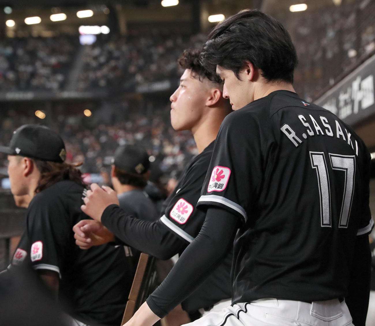 日本ハム対ロッテ　ベンチでうつむくロッテ佐々木（右手前）（撮影・佐藤翔太）